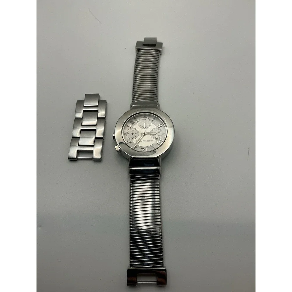 Michael Kors Silver Tone Chronograph Stretch Bracelet Watch Extra Links